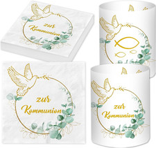 20 Stück Servietten Kommunion + 12 Windlicht Tischdeko+ 60 Holzfische Streudeko,
