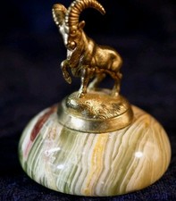 Miniatur Skulptur Figur Steinbock Messing auf Onyx Sockel