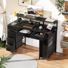 Schreibtisch mit 8 Schubladen & Steckdosen, Bürotisch mit LED und Monitorständer