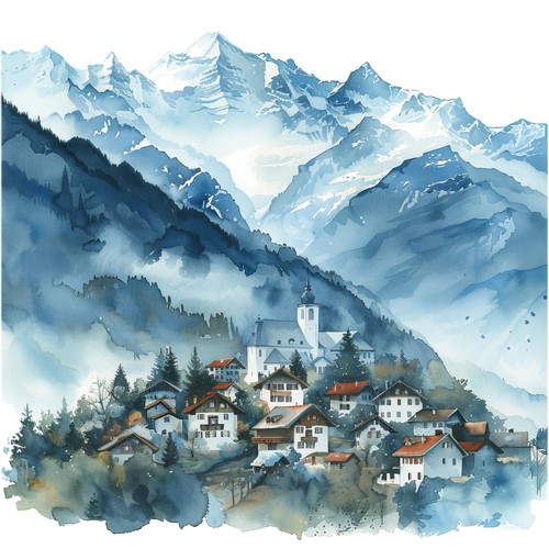 Wandbild dorf berge - wandbild,