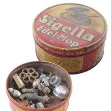 Blechdose Sigella Edel Mop Dose DRGM mit Konvolut Inhalt Griffe Wasserhahn