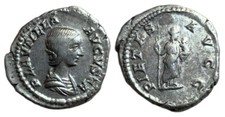 Plautilla AR-Denar Rom Pietas. Büste / PIETAS AVGG, Pietas mit Kind und Szepter
