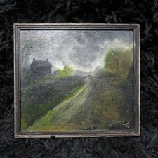 Nocturne Landschaft Herbstliches Landhaus Impressionist Ölgemälde auf Tafel signiert