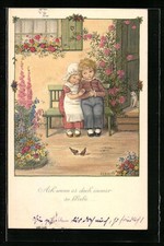 Künstler-AK Pauli Ebner: Ach wenn es doch immer so bliebe! Kinder auf einer Ban 