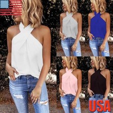 Damen Neckholder-Tanktop Ärmellose Weste Lässig Solides Sommer-T-Shirt с