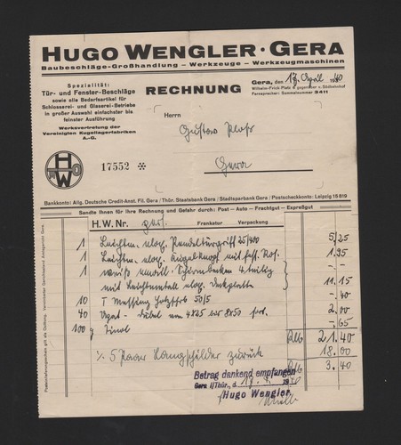 Gera rechnung 1940 - gera,,