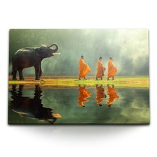 120x80cm Wandbild auf Leinwand Asien Mönche Thailand Elefant Natur Grün