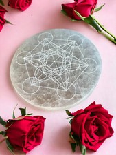 Metatrons Würfel Selenit Platte/Aufladen,Steinreinigung, 10cm rund