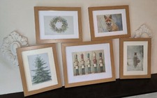 SET: 5 gerahmte Bilder Winterdeko Advent Xmas Vintage Kunstdruck Aquarell