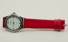 Bugor Vintage Armbanduhr – Quarz – Edelstahl – rotes Lederarmband – neuwertig