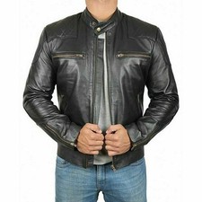 Herren Echt Weich Lammfell Leder Schwarz Gesteppt Retro Biker Motorrad Jacke