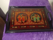 Holztablett Antik Elefanten Design Holz Ablage 34 x 23 cm