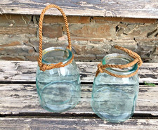 2xGlas Windlicht mit Henkel Shabby Massive Sauber! Gartenlaterne Hellegrün (A23)