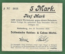 04 276 Notgeld Gottesberg (Walbrzych) Schlesische Kohlen- & Cokes-Werke 5 Mark