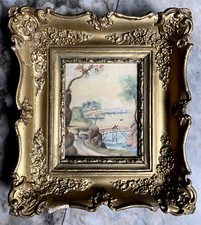 ::AQUARELL BRÜCKE AM FLUß °MANN MIT PFERD UM 1800 °BIEDERMEIER EMPIRE RAHMEN