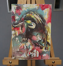 Vintage Öl Gemälde Mischtechnik Stier Spanien Abstrakt signiert (0123-024)