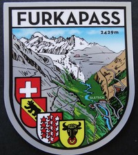 Souvenir-Aufkleber Furkapass Schweiz Alpen Uri Wallis Oldtimer Caravan Motorrad