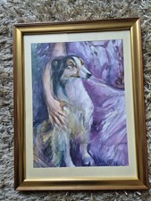 1993 kroatischer Künstler im Exil Aquarell Collie in  Holzrahmen 44 x 34