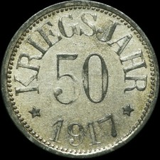 NOTGELD: 50 Pfennig 1917, vernickelt. Funck 444.2A.a. STADT REHAU / BAYERN.