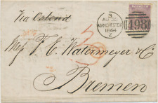 GB 1864 QV 6d (GD, rechts geschnitten) auf Prachtbrief „498 – MANCHESTER“ nach BREMEN