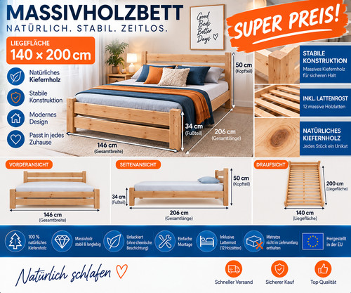 Bett 140x200 massivholz - bett, kiefer