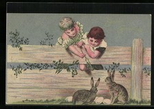 Kinder mit Osterhasen am Zaun, Ansichtskarte 