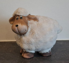 Schaf Oster Deko aus Keramik mit Plüschfell 18x15 cm Ostern Dekoration NEUwertig