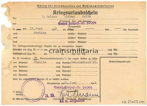 Orig kriegsurlaubsschein - orig.,