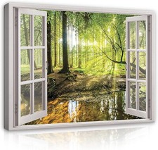 Leinwandbild Bilder Fensterblick Wald Grün Wandbild Bild Wohnzimmer Groß Modern