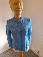 Marjo Trachten Leinen Bluse Gr.34/36  Türkis Neu ETIKETT zur Lederhose Np 70.-