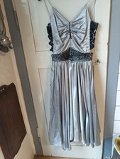 Damen Abendkleid Satin silber Mit Pailletten 