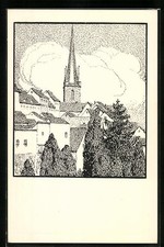 Künstler-AK Kahla, Ortspartie mit Kirche 