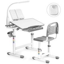 Kinderschreibtisch Schülerschreibtisch Verstellbar Neigbar mit Stuhl&Lampe Grau