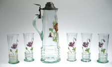 Bierkrug Karaffe 6 Gläser handbemalt um 1920 Glas Emailmalerei Antik Bierglas