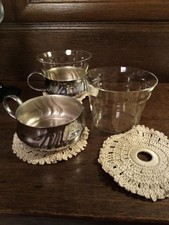 Vintage 2 Teegläser Silber Glaseinsatz + 3 gehäkelte Untersetzer 1960 ! wie neu