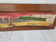 Öl -Bild Gemälde auf Holzplatte signiert Rarität signiert Meer Strand Boot Stadt