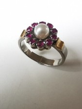 Ring, Gold Palladium, Perle, Rubine Gr. 57