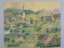 Ansicht eines Dorfes mit Bergen - Aquarell-Gemälde - Landschaft Gebirge - 20.Jh.