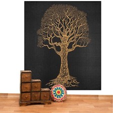 Wandbehang Dekotuch Tagesdecke Wandteppich Goldener Lebens Baum XXL Goa Bohemian