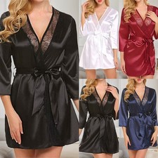 Sexy Damen Satin Nachthemd Spitze Morgenmantel Negligee Reizwäsche Unterwäsche