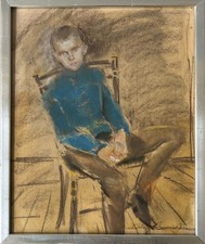 Pastell Zeichnung Porträt Jung auf einem Stuhl 1967 signiert im Bilderrahmen