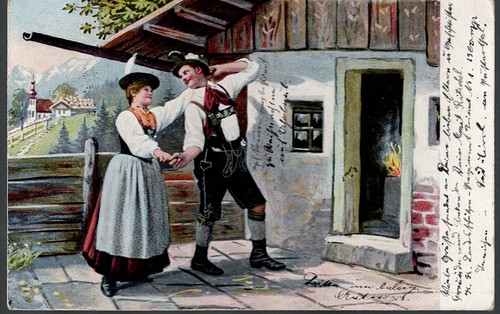 Postkarte trachten paar - -,