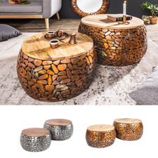 2er Set Runde Couchtische STONE MOSAIC 65cm FARBWAHL Mangoholz Metall Mosaik