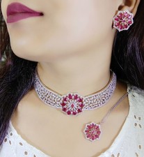 Bollywood indisch versilbert ethnisch AD CZ Schmuck Ohrringe Halskette Braut Set