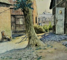 C. Lange (19/20) antik-Aquarell 1917: ALTER BAUERNHOF MIT FRAU UND EINEM SCHWEIN