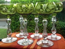 6 antike Bleikristall Handgeschliffen Römer Überfang hellgrün Stiel hohlgeblasen