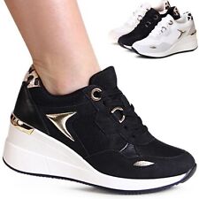 Damen Keilabsatz Sneaker Plateau Halbschuhe Keil Turnschuhe Animal Look