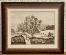 LANDIDYLLE original Aquarell Bild Zeichnung mit Rahmen Landschaft Bäume Wald