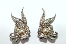 Ohrringe, Ohrclips, Silber, Glassteine und Kunstperle, Ohrschmuck, Blumenmuster 