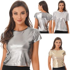 Damen Kurzarm Shirt Metallic Oberteil Glitzer Rundhals Lässig Party T-Shirts Top